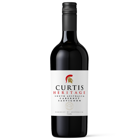 Bottle of Curtis Heritage South Australia Cabernet Sauvignon wine on a white background