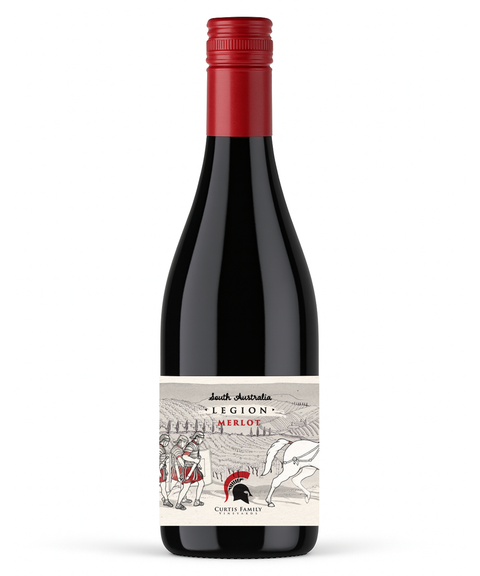 Wine bottle with a red cap and decorative label on a white background