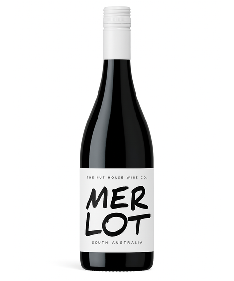 Wine bottle labeled 'Merlot' from The Nut House Wine Co. on a white background