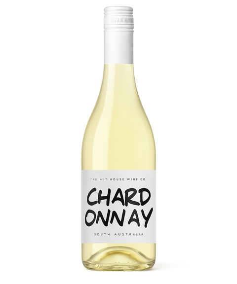 Bottle of Chardonnay wine with a white label on a white background