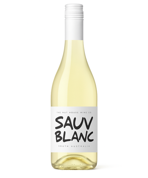 Bottle of Sauv Blanc wine from The Nut House Wine Co. on a white background