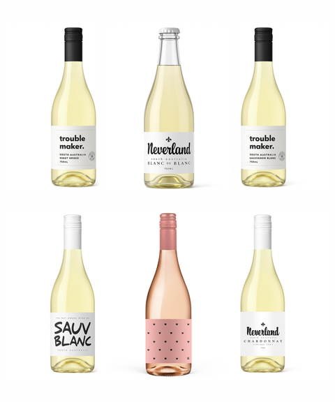 Collection of wine bottles with labels on a white background